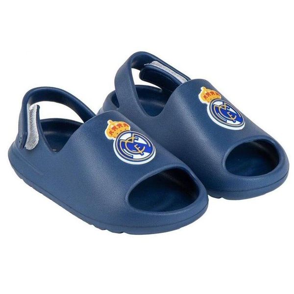 Real Madryt klapki sandały na rzep beach pool flip flops granatowe. Niebieskie klapki REAL MADRID, bez wzorów, z materiału, bez obcasa. Za 79.00 zł.