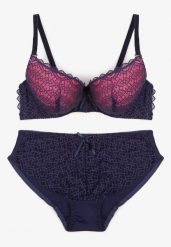 Granatowo-Fuksjowy Komplet Bielizny Koronkowej Klasyczny Biustonosz i Figi z Wysokim Stanem Nasellea. Niebieskie figi Renee, z aplikacjami, z koronki. Za 24.99 zł.