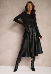 Czarna Rozkloszowana Spódnica z Imitacji Skóry High Waist Evirenas. Czarne spódnice Renee, na zimę, s, bez wzorów, z materiału, midi, rozkloszowane. Za 89.99 zł.