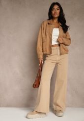 Beżowe Jeansy High Waist Wide Leg z Surowo Zakończonymi Nogawkami Rhelnell. Brązowe jeansy Renee, l, bez wzorów, z podwyższonym stanem. Za 99.99 zł.