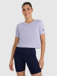 4F Koszulka treningowa crop-top szybkoschnąca damska - niebieska M. Niebieskie koszulki sportowe 4f, w ażurowe wzory, z materiału, bez ramiączek, na fitness i siłownię. Za 129.99 zł.
