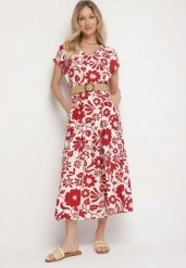 Czerwona Wiskozowa Sukienka o Rozkloszowanym Kroju z Ozdobnym Paskiem z Klamrą Zarolena. Czerwone sukienki Born2be, na co dzień, na lato, l, bez wzorów, z jeansu, eleganckie, bez kołnierzyka, bez ramiączek, maxi, rozkloszowane. Za 99.99 zł.