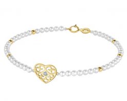 Bransoletka z diamentem, perłami i elementami żółtego złota - serce - 18 cm - próba 375. Żółte bransoletki Apart, z diamentem, złote. Za 1,529.00 zł.