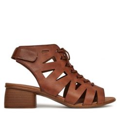 Sandały Remonte. Brązowe sandały Remonte, bez wzorów, bez obcasa, na słupku, bez zapięcia. Za 389.99 zł.