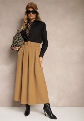 Jasnobrązowa Spódnica z Wiskozą o Rozkloszowanym Kroju z Paskiem i Gumką w Talii Prianna. Brązowe spódnice Renee, na co dzień, na lato, bez wzorów, z wiskozy, eleganckie, maxi, koszulowe. Za 119.99 zł.