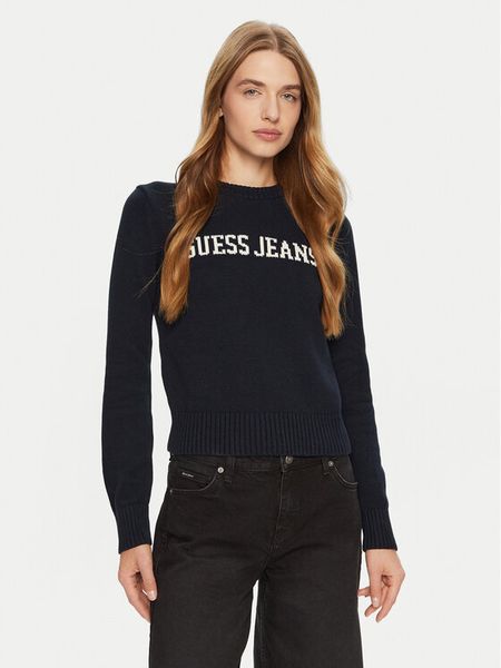 Guess Jeans Sweter W4BR10 Z3HM1 Niebieski Regular Fit. Niebieskie swetry Guess Jeans, xl, z aplikacjami, z bawełny, bez ramiączek. Za 209.99 zł.