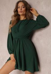 Ciemnozielona Sukienka Rozkloszowana z Gumką w Pasie Thelo. Zielone sukienki Renee, m, bez wzorów, z tkaniny, eleganckie, bez kołnierzyka, bez ramiączek, mini, kopertowe. Za 59.99 zł.
