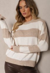 Beżowy Sweter ze Ściągaczami Ozdobiony Pasami z Wełną Tiarosea. Brązowe swetry Renee, bez wzorów, z jeansu, bez ramiączek. Za 119.99 zł.