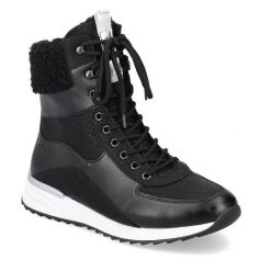 Botki Rieker. Czarne botki Rieker, bez wzorów, bez obcasa, na płaskiej podeszwie, bez zapięcia. Za 379.99 zł.