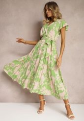 Zielono-Beżowa Kopertowa Plisowana Sukienka Koktajlowa z Gumką i Paskiem w Talii Benelsea. Zielone sukienki Renee, m, bez wzorów, z materiału, eleganckie, bez kołnierzyka, bez ramiączek, maxi, dopasowane. Za 89.99 zł.