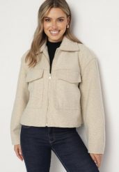 Beżowa Pudełkowa Kurtka z Kołnierzykiem i Kieszeniami o Krótkim Fasonie Neliella. Brązowe kurtki Born2be, l, bez wzorów, z jeansu, bez kaptura. Za 189.99 zł.