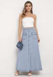 Jasnoniebieska Trapezowa Spódnica Maxi Bawełniana Jeansowa z Guzikami i Kieszeniami z Klapami Zrissa. Niebieskie spódnice Born2be, na co dzień, m, bez wzorów, z bawełny, eleganckie, maxi, koszulowe. Za 94.99 zł.