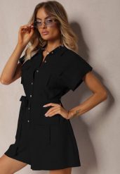 Czarny Taliowany Kombinezon Wiązany w Pasie Zapinany na Guziki Tenadea. Czarne sukienki Renee, na co dzień, l, z aplikacjami, eleganckie, bez kołnierzyka, bez ramiączek, dopasowane. Za 119.99 zł.