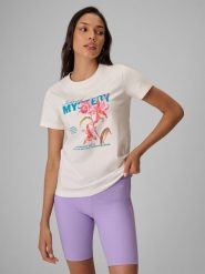 4F T-shirt regular z nadrukiem damski - biały L. Białe t-shirty 4f, l, bez wzorów, z bawełny, bez kołnierzyka, bez ramiączek. Za 69.99 zł.
