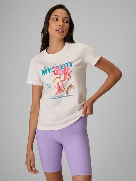 4F T-shirt regular z nadrukiem damski - biały L. Białe t-shirty 4f, l, bez wzorów, z bawełny, bez kołnierzyka, bez ramiączek. W wyprzedaży za 39.99 zł.