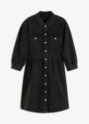 Sukienka jeansowa. Czarne sukienki bonprix, bez wzorów, z jeansu, bez kołnierzyka, bez ramiączek, plisowane. Za 169.99 zł.