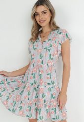 Miętowa Sukienka Taliowana z Wiskozy w Kwiaty Adomisia. Zielone sukienki Born2be, na lato, m, bez wzorów, z wiskozy, bez kołnierzyka, bez ramiączek, mini. Za 74.99 zł.