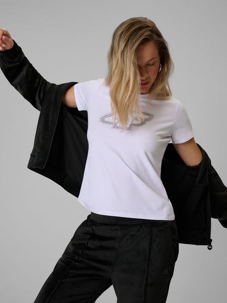 4F T-shirt slim z nadrukiem damski - biały L. Białe t-shirty 4f, l, bez wzorów, z bawełny, bez kołnierzyka, bez ramiączek. Za 69.99 zł.