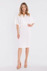 Sukienka elegancka midi kimonowa góra dopasowany dół ecru. Sukienki Stylove, do pracy, l, bez wzorów, z poliesteru, biznesowe, bez kołnierzyka, bez ramiączek, midi, dopasowane. Za 289.00 zł.
