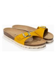 Sunbay Skórzane klapki "Jasmin" w kolorze musztardowym rozmiar: 37. Żółte klapki Sunbay, bez wzorów, z otwartym noskiem, bez obcasa. Za 124.95 zł.