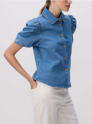 Jeansowa koszula z bufiastymi rękawami - niebieski. Niebieskie koszule Reserved, l, bez wzorów, z bawełny, bez kołnierzyka, bez ramiączek. Za 139.99 zł.