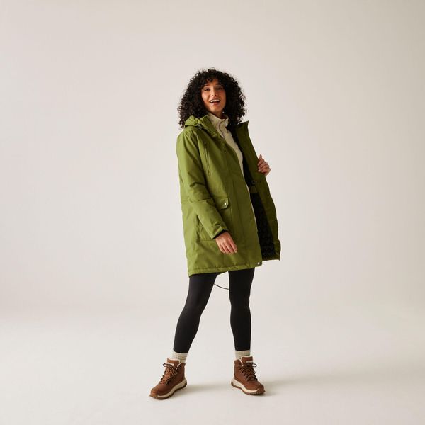 Kurtka damska przejściowa ocieplana przeciwdeszczowa Valenta. Zielone kurtki sportowe Regatta, bez wzorów, z puchu, bez kaptura, trekkingowe. Za 399.99 zł.