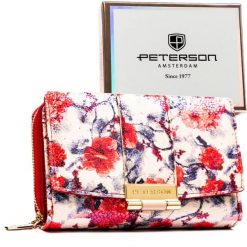 Wielokolorowy portfel damski wykonany ze skóry ekologicznej, ozdobiony kwiatowym wzorem - Peterson. Portfele Peterson, bez wzorów, ze skóry ekologicznej. Za 99.99 zł.