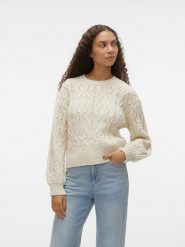 Vero Moda Sweter w kolorze kremowym rozmiar: L. Brązowe swetry Vero Moda, l, bez wzorów, ze splotem, bez ramiączek. Za 83.62 zł.