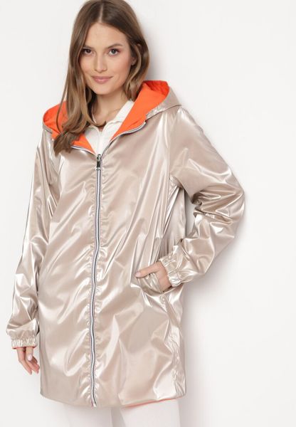 Pomarańczowa Kurtka Dwustronna z Nieodpinanym Kapturem i Metalicznym Efektem Lirednil. Brązowe kurtki Born2be, l, bez wzorów. Za 99.99 zł.