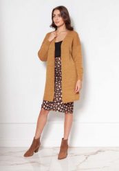 Klasyczny Dłuższy Kardigan bez Zapięcia - Musztardowy. Brązowe kardigany Lanti, l, bez wzorów, z elastanu. Za 218.90 zł.