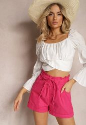 Fuksjowe Szorty z Guzikami i Gumką w Pasie Ściągane Troczkiem Amalilena. Czerwone szorty Renee, bez wzorów, z szyfonu, eleganckie. Za 34.99 zł.