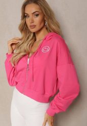 Fuksjowa Bluza Rozpinana z Wyszytą Emotką i Kapturem Cornoria. Czerwone bluzy Renee, l, bez wzorów, z dzianiny. W wyprzedaży za 55.99 zł.