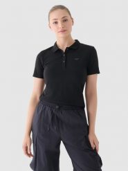 4F Koszulka polo slim damska - czarna L. Czarne bluzki 4f, l, bez wzorów, z bawełny, bez kołnierzyka, bez ramiączek. Za 89.99 zł.