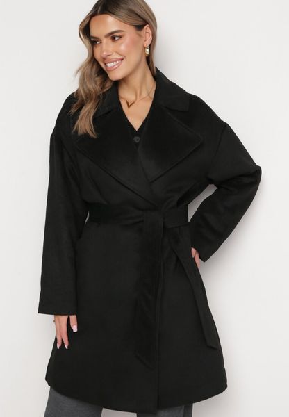 Czarny Klasyczny Płaszcz z Paskiem w Talii Elwari. Czarne płaszcze Born2be, l, bez wzorów, bez kaptura. Za 219.99 zł.
