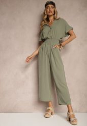 Zielony Wiskozowy Kombinezon z Dekoltem w Serek Zapinany na Guziki Anisora. Zielone sukienki Renee, na co dzień, l, bez wzorów, z wiskozy, eleganckie, bez kołnierzyka, bez ramiączek, mini, proste. Za 59.99 zł.