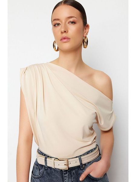 Trendyol Koszulka w kolorze beżowym rozmiar: S. Brązowe bluzki Trendyol, s, bez wzorów, bez kołnierzyka, bez ramiączek. Za 34.93 zł.