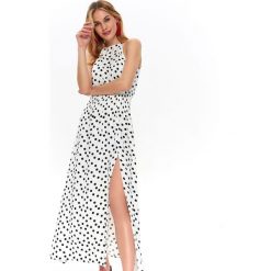 SUKIENKA DAMSKA W GROSZKI. Białe sukienki TOP SECRET, na lato, bez wzorów, z tkaniny, eleganckie, bez kołnierzyka, bez ramiączek, maxi. W wyprzedaży za 79.99 zł.