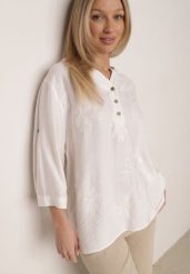 Biała Koszula z Wiskozy z Haftowanymi Kwiatami Sylimeine. Białe koszule Born2be, l, bez wzorów, z materiału, biznesowe, bez kołnierzyka, bez ramiączek. Za 89.99 zł.