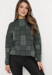 Zielony Golf w Geometryczny Wzór Serenique. Zielone golfy Born2be, xl, z aplikacjami, z dzianiny, bez ramiączek. Za 99.99 zł.