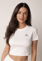 Biały Krótki T-shirt w Stylu Basic z Minimalistycznym Nadrukiem Orithana. Białe koszulki sportowe Born2be, bez wzorów, z jeansu, bez ramiączek. Za 29.99 zł.