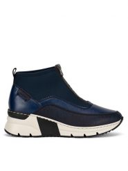 Rieker Botki N6352-14 Niebieski. Niebieskie botki Rieker, bez wzorów, z materiału, bez obcasa, na koturnie, bez zapięcia. Za 329.99 zł.