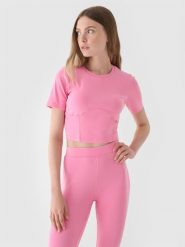 4F Crop top slim gładki damski - różowy S. Czerwone topy 4f, s, bez wzorów, z bawełny, bez kołnierzyka, bez ramiączek. W wyprzedaży za 19.99 zł.