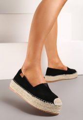 Czarne Espadryle z Imitacji Zamszu na Platformie z Jutowej Plecionki Mirrona. Czarne espadryle Renee, bez wzorów, bez obcasa, na platformie, bez zapięcia. Za 49.99 zł.