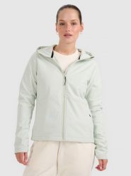 4F Kurtka softshell wiatroodporna membrana 5000 damska - turkusowa L. Niebieskie kurtki sportowe 4f, na zimę, l, bez wzorów, z materiału, z kapturem, windstopper. Za 299.99 zł.