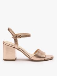 Platynowe sandały na obcasie. Brązowe sandały Ryłko, bez wzorów, ze skóry, eleganckie, z okrągłym noskiem, bez obcasa, na obcasie, bez zapięcia. Za 379.99 zł.