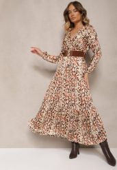 Brązowa Kopertowa Sukienka z Falbankami Ozdobiona Paskiem z Klamrą Rinnessa. Brązowe sukienki Renee, na co dzień, l, bez wzorów, eleganckie, bez kołnierzyka, bez ramiączek, maxi, kopertowe. Za 109.99 zł.