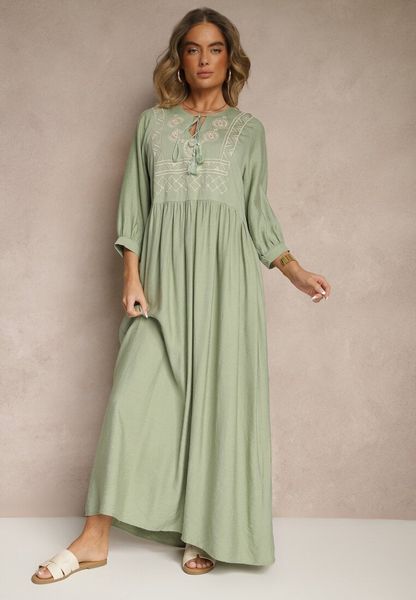 Ciemnozielona Sukienka z Wiskozy Ozdobiona Haftem Galionetia. Zielone sukienki Renee, na co dzień, l, bez wzorów, z wiskozy, bez kołnierzyka, bez ramiączek, maxi. Za 109.99 zł.