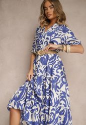 Niebieska Rozkloszowana Sukienka z Wiskozy Ozdobiona Falbaną Filesenia. Niebieskie sukienki Renee, na spotkanie biznesowe, l, bez wzorów, z wiskozy, eleganckie, bez kołnierzyka, bez ramiączek, midi, rozkloszowane. Za 59.99 zł.