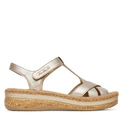Sandały Rieker. Żółte sandały Rieker, bez wzorów, bez obcasa, na koturnie, bez zapięcia. Za 339.99 zł.