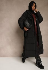 Czarna Długa Kurtka Zimowa z Pikowanymi Przeszyciami Kapturem i Suwakami Mevanesa. Czarne kurtki sportowe Renee, na zimę, plus size, bez wzorów, z jeansu. Za 279.99 zł.
